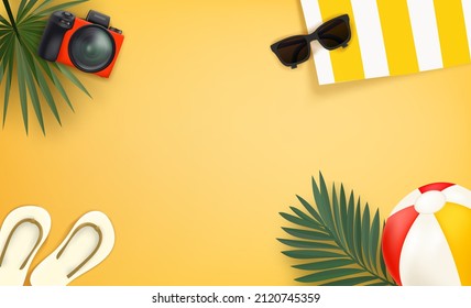 Travelers things on a beach. Sunglasses, photo camera, towel with stripes, beach ball, palm leaves and slippers on a sand. 3d vector illustration with copy space for a text