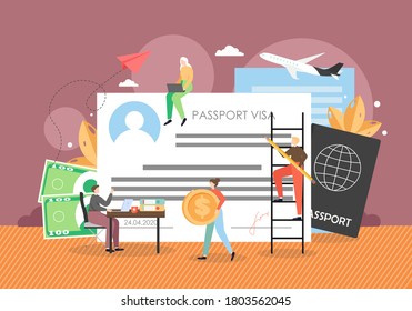 Viajeros, pequeños personajes masculinos y femeninos haciendo documentos para salir del país, ilustración vectorial plana. Turistas con visa para viajar al extranjero. Documento legal para viajar, inmigración.