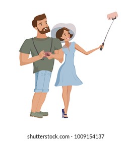 Travelers tourists handsome man and pretty woman smile and make selfie in the summer time sunny weather. Vector cartoon illustration eps10