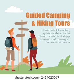 Viajeros en una señal de sendero, ilustración vectorial para camping guiado y servicios de excursiones de senderismo.