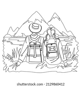 Travelers Trekking Couple Nature Adventure Black Line Pencil Drawing Vector  Young Man And Woman Sitting On Lake Shore And Enjoying View On Mountain  Characters Climbing Active Lifestyle Illustration