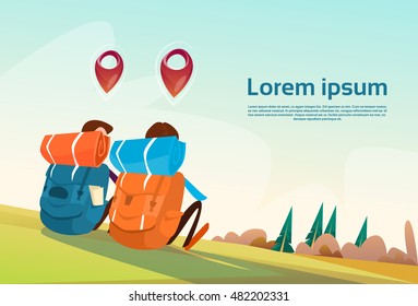 Travelers Two Man Sit On Ground With Navigation Pins Outdoor Trekking Tourism Flat Vector Illustration