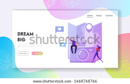 Travelers Using Smartphone Application Landing Page Template. Young Man and Woman Booking Hotel or Reserve Airplane Tickets Online, Characters near Huge Photo Camera. Cartoon Vector Illustration