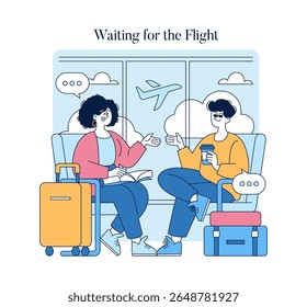 Travelers wait for their flight while sharing a moment of conversation in a cozy airport lounge. The illustration captures the excitement and anticipation of upcoming journeys with luggage in view.