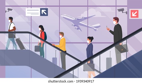 Travelers wearing face masks at the airport, they are traveling during the coronavirus pandemic: covid-19 prevention and new normal concept