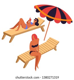 Travelers women sunbathing on recliners or deck chairs under umbrella vector isolated female characters lying in swimsuits or bikini traveling and tourism summer vacation or holiday girls with suntan