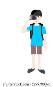 Travelers Young Man with camera and backpack isolated on white vector