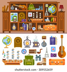 Travelers's cupboard with books and souvenirs from trips. Camera, photo, globe, statuettes, shells, guitar, lamp, compass, suitcase. Vector flat illustrations