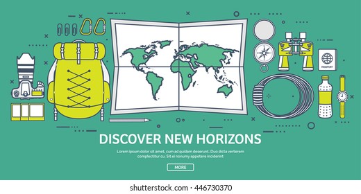 Travel,Hiking Background.Line art. Mountain Climbing.International Tourism,Trip to Nature,World Journey.Summer Holidays,Camping.Exploring and Discovering Adventure,Worldwide Trekking Expedition Map