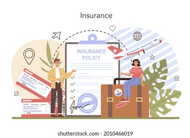 Traveling abroad concept. Visa application approving and insurance certificate processing, International vacation or emigration procedure. Flat vector illustration