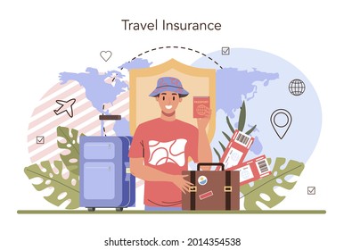 Traveling abroad concept. Visa application approving and insurance certificate processing, International vacation or emigration procedure. Flat vector illustration