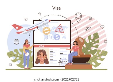 Traveling abroad concept. Visa application approving and insurance certificate processing, International vacation or emigration procedure. Flat vector illustration