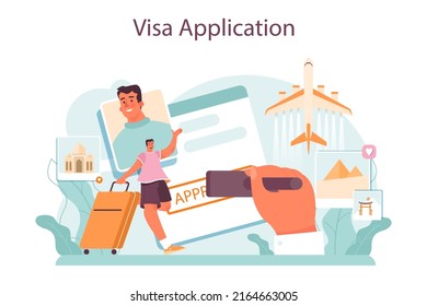 Traveling abroad concept. Visa application approving and insurance certificate processing, International vacation or emigration procedure. Flat vector illustration