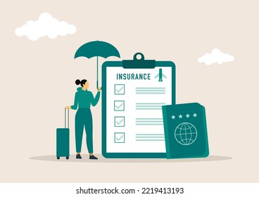 Traveling abroad concept. Visa application approving and insurance certificate processing, International vacation or emigration procedure. Flat vector illustration
