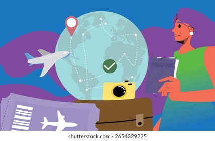 Traveling abroad concept. Visa application approving and insurance certificate processing, International vacation or emigration procedure. Flat vector illustration
