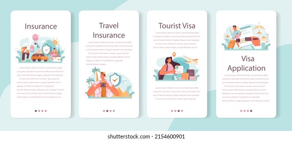 Traveling abroad mobile application banner set. Visa application approving and insurance certificate processing, International vacation or emigration procedure. Flat vector illustration