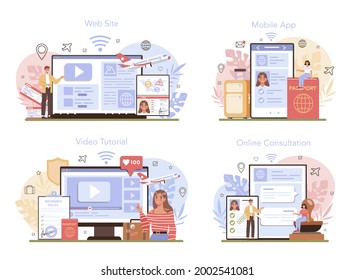 Traveling abroad online service or platform set. Visa application approving and insurance certificate processing, Online consultation, video tutorial, mobile app, website. Flat vector illustration