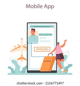 Traveling abroad online service or platform. Visa application approving and insurance certificate processing. Mobile app. Flat vector illustration