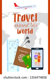Traveling Abroad Vector Flyer, Poster with Text. Air Ticket, Passport, Visa Flat Illustration. Debit Card, Boarding Pass on Geographical Map Background. Man and Woman Photo on Smartphone Screen