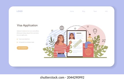 Traveling abroad web banner or landing page. Visa application approving and insurance certificate processing, International vacation or emigration procedure. Flat vector illustration