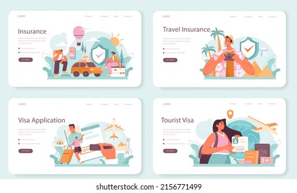 Traveling abroad web banner or landing page set. Visa application approving and insurance certificate processing, International vacation or emigration procedure. Flat vector illustration