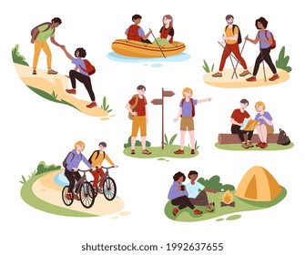 Traveling, active lifestyle, outdoor activity concept with couples. Men, women hiking, cliff river rafting, walking, backpaking. Inflatable boat, tent camping. Set of flat cartoon vector illustrations