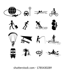 Traveling activity and sports icons set illustration on white background.
