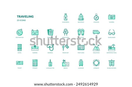 traveling adventure holiday vacation leisure tourism detailed filled line icon set