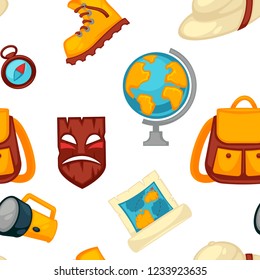 Traveling and adventures symbols set, boots and globe