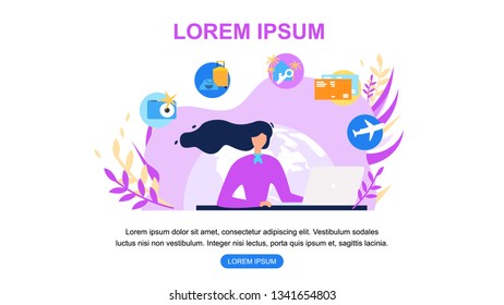 Traveling Agency Flat Vector Horizontal Web Banner with Company Female Manager Consulting Clients in Internet Illustration. Booking Airline Tickets and Hotel Room Online Service Landing Page Template