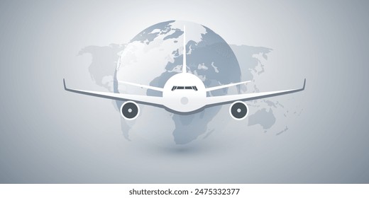 Traveling All Around the World Concept, Vector Illustration - Grey Earth Globe and World Map Design with Front View of Flying Airplane 