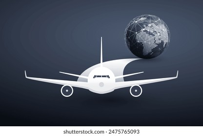 Traveling All Around the World Concept, Vector Illustration - Earth Globe Design with Front View of Flying Airplane Leaving Vapor Trail