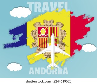 Traveling to Andorra, top view passenger plane on Andorra flag with clouds and weather, country tourism banner idea, vector design, brush splash