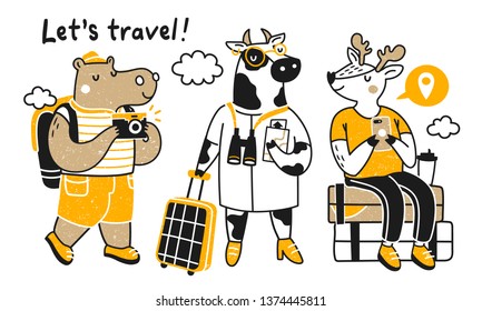 Traveling animals. Collection with cute animals on a trip. Hippo, cow and moose. Vector illustration on a white background.