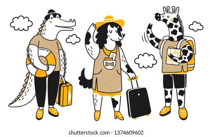 Traveling animals. Collection with cute animals on a trip. Сrocodile, dog and giraffe. Vector illustration on a white background.