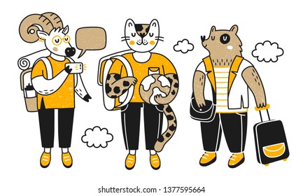 Traveling animals. Collection with cute animals on a trip. Ram, leopard and bear. Vector illustration on a white background.
