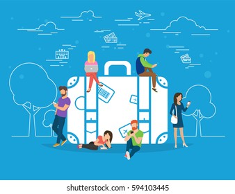 Traveling app concept illustration of young men and women standing near big luggage symbol and using laptop, smartphone, tablets to order hotel and tickets. Flat people with gadgets near baggage icon