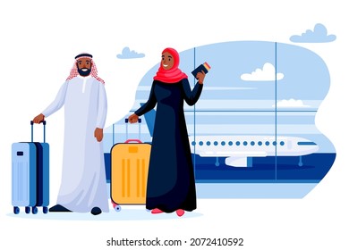 Traveling arab man and woman with suitcases luggage. Arabic muslim young happy couple in traditional clothing at airport terminal. Vector flat cartoon characters illustration