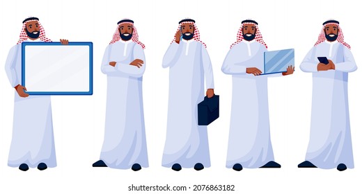 Traveling arab man and woman with suitcases luggage. Arabic muslim young happy couple in traditional clothing at airport terminal. Vector flat cartoon characters illustration