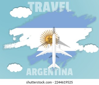 Traveling to Argentina, top view passenger plane on Argentina flag with clouds and weather, country tourism banner idea, vector design, brush splash