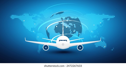 Traveling Around the World - Air Transportation Concept, Travel by Airplane - Blue World Map and Earth Globe Design with Front View of a Big Airplane