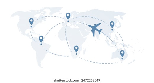 Traveling Around the World - Air Transportation Concept, Travel by Airplane - World Map and Earth Globe Design with Plane Flying Intercontinental Routes to Various Destinations