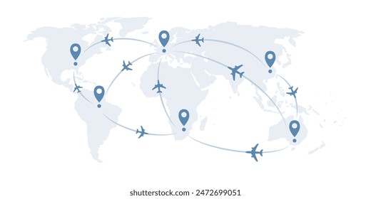 Traveling Around the World - Air Transportation Concept, Travel by Airplane - World Map and Earth Globe Design with Plane Flying Intercontinental Routes to Various Destinations