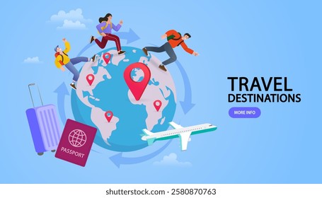 Traveling Around the World. Air Transportation Concept. Travel by Airplane. World Map and Earth Globe Design with Plane Flying Intercontinental Routes to Various Destinations