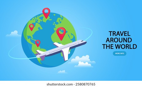 Traveling Around the World. Air Transportation Concept. Travel by Airplane. World Map and Earth Globe Design with Plane Flying Intercontinental Routes to Various Destinations