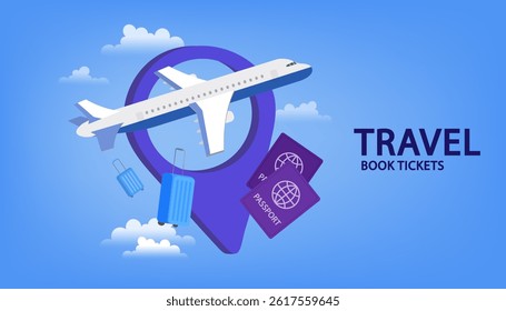 Traveling Around the World. Air Transportation Concept. Travel by Airplane. World Map and Earth Globe Design with Plane Flying Intercontinental Routes to Various Destinations