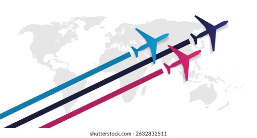 Traveling Around the World - Air Transportation Vector Concept, Travel by Airplane - Grey World Map Creative Design with Symbols of Colorful Planes Fly Intercontinental Routes to Various Destinations