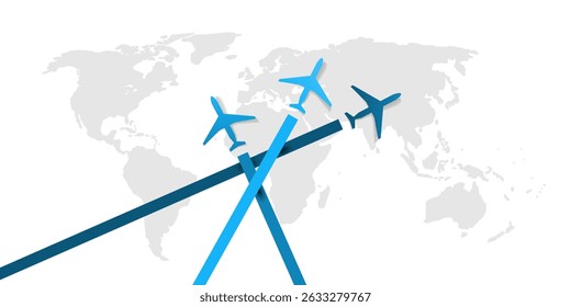 Traveling Around the World - Air Transportation Vector Concept, Travel by Airplane - Grey World Map Creative Design with Symbols of Blue Planes Fly Intercontinental Routes to Various Destinations