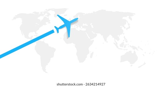 Traveling Around the World - Air Transportation Vector Concept, Travel by Airplane - Grey World Map Creative Design with Light Blue Symbol of Plane Flies Intercontinental Route to Global Destinations