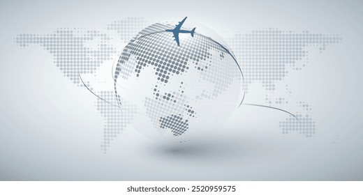 Traveling Around the World - Aviation, Travel by Airplane Concept - Grey World Map and Transparent Earth Globe Design - Airplane Flying Round the Globe, En Route to an Intercontinental Destination